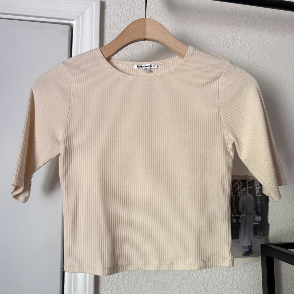 REFORMATION cream ivory rib ribbed knit crew neck short sleeve cropped tee top